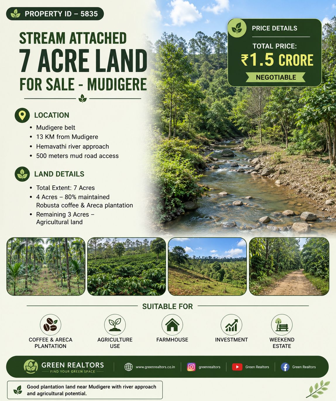 🆔 *PROPERTY ID –5835* 🌿 *stream attached   7 Acre Land for Sale – Mudigere*